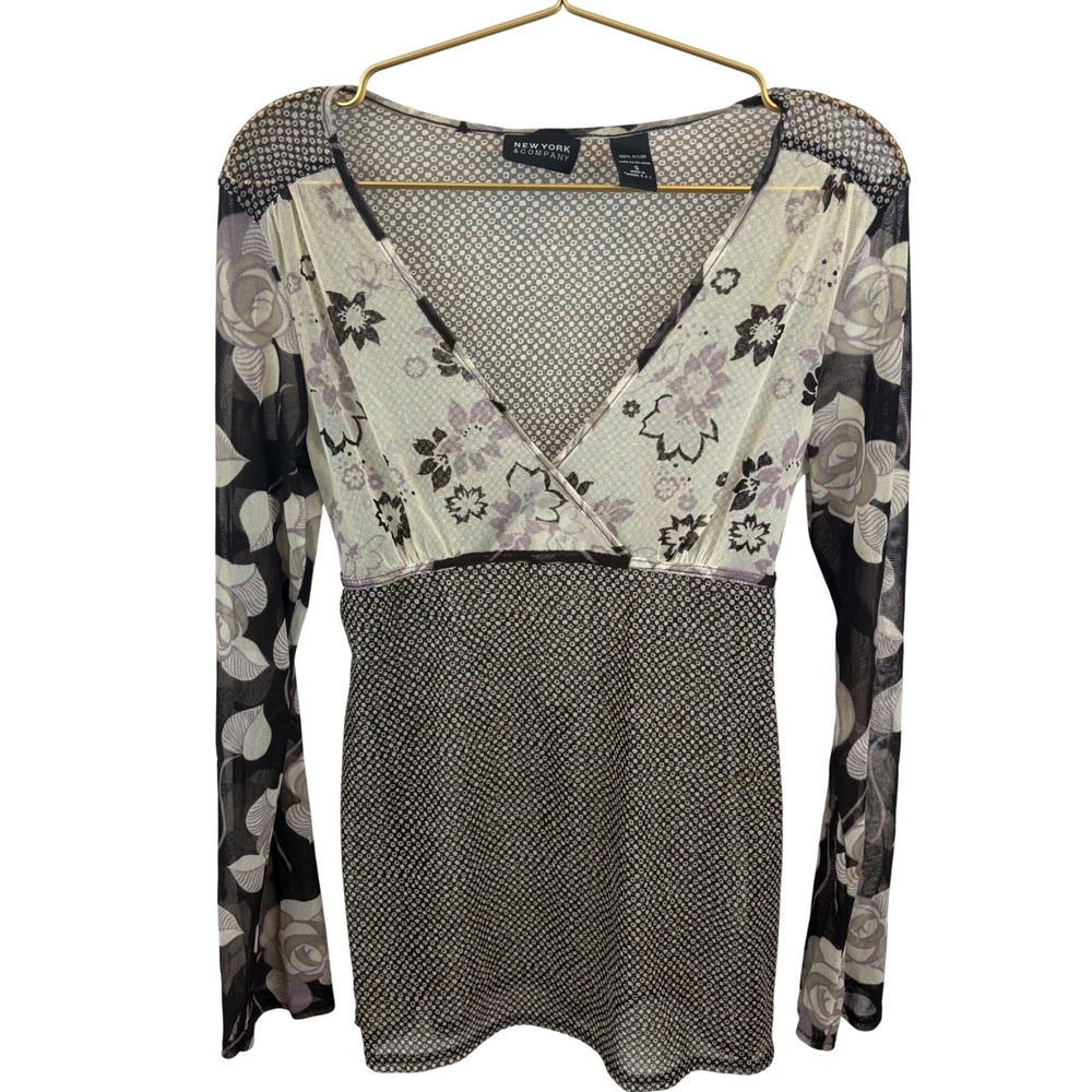 Y2K New York & Company Mesh Top Floral Sheer Nylon Small Peasant